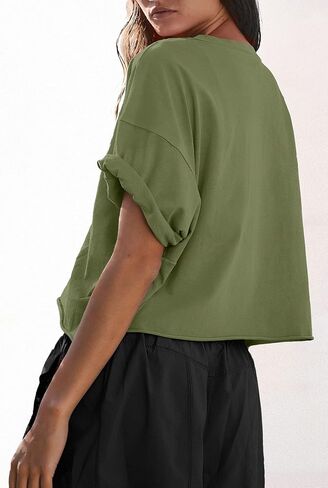 تي شيرت نسائي كبير الحجم من ATHMILE بأكمام قصيرة تي شيرت قصير للتمرين بكتف منسدل غير رسمي بحاشية دوارة أساسية فضفاضة in Kuwait