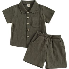 2Pcs Toddler Baby Boy Summer Cotton Linen Outfits Solid Color Short Sleeve Button Down Lapel Shirt Tops and Shorts Set in Kuwait