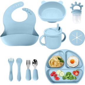 Silicone Baby Feeding Set | Baby Led Weaning Supplies | Toddler Self Feeding Dish Set with Suction Bowl, Divided Plate,Sippy Cup Spoons Forks Teether and Adjustable Bib, Eating Utensils for 6+Months
