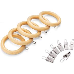 Perfect Order Wood Curtain Rings with Clips in Beige Varnished Finish (Set of 12, 1.5 Inch)