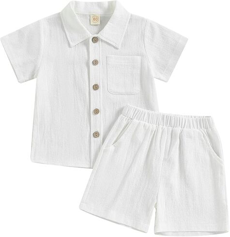 2Pcs Toddler Baby Boy Summer Cotton Linen Outfits Solid Color Short Sleeve Button Down Lapel Shirt Tops and Shorts Set in Saudi Arabia