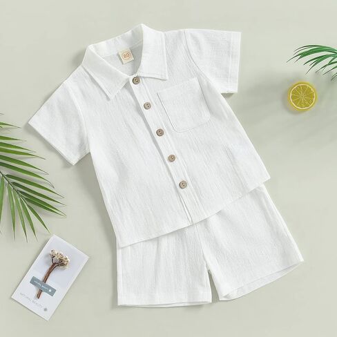 2Pcs Toddler Baby Boy Summer Cotton Linen Outfits Solid Color Short Sleeve Button Down Lapel Shirt Tops and Shorts Set in Saudi Arabia