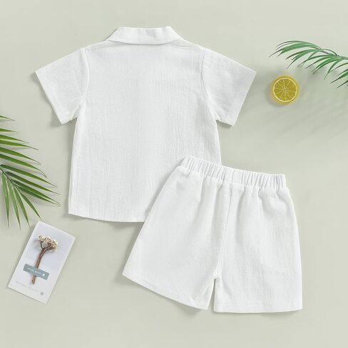 2Pcs Toddler Baby Boy Summer Cotton Linen Outfits Solid Color Short Sleeve Button Down Lapel Shirt Tops and Shorts Set in Saudi Arabia