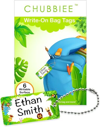 Child ID Bag Tags, Write-On Kids Name Tags for Backpack, Lunchbox & Diaper Bag, Great for Preschool & Daycare, Pack of 6 (Blue Ocean) | Write-on hard-plastic surface, water-resistant, cartoon artwork and bead-chain attachment for daycare and travel. in Saudi Arabia