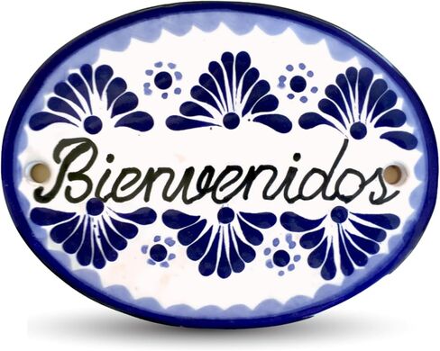 لافتة بلاط منزلي كبير من السيراميك من Casa Fiesta Designs Bienvenedo Talavera - مصنوعة يدويًا - 25.4 سم × 20.32 سم أزرق وأبيض - Bienvendos Azul y Blanco in Kuwait