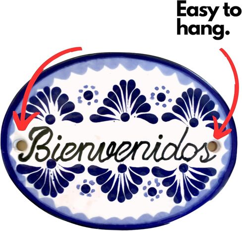 لافتة بلاط منزلي كبير من السيراميك من Casa Fiesta Designs Bienvenedo Talavera - مصنوعة يدويًا - 25.4 سم × 20.32 سم أزرق وأبيض - Bienvendos Azul y Blanco in Kuwait