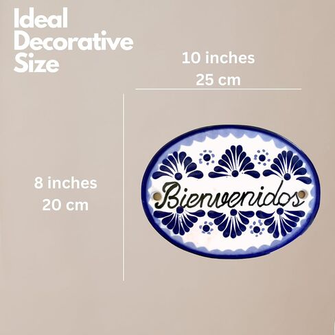 لافتة بلاط منزلي كبير من السيراميك من Casa Fiesta Designs Bienvenedo Talavera - مصنوعة يدويًا - 25.4 سم × 20.32 سم أزرق وأبيض - Bienvendos Azul y Blanco in Kuwait
