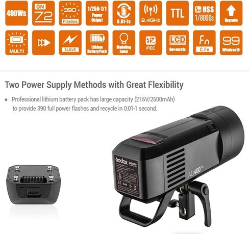 Godox AD400 Pro AD400Pro Outdoor Flash and Godox XProII-N Flash Trigge for Nikon Camera,400ws Strong Power,2.6V/2600mAh Lithium Battery,0.01~1s Recycle Time,380 Full Power Pops,30W LED Modeling Lamp in Saudi Arabia