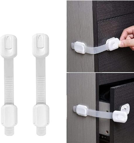 2 pcs Child Safety Strap Locks, Adhesive Baby-Proof Cabinet Latches Childproof Drawer Latche Adjustable Security Closet Locks Strap Latche for Drawers Fridge Dishwasher in Kuwait