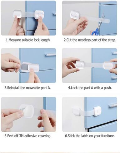 2 pcs Child Safety Strap Locks, Adhesive Baby-Proof Cabinet Latches Childproof Drawer Latche Adjustable Security Closet Locks Strap Latche for Drawers Fridge Dishwasher in Kuwait