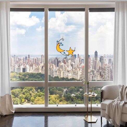 VESMATITY Luminous Moon and Stars Valentine's Decorations, Glow in Dark Hanging Stained Glass Window Hanging Suncatcher, Moon and Stars Glass Window Decoration Gifts for Lovers and Family in Kuwait