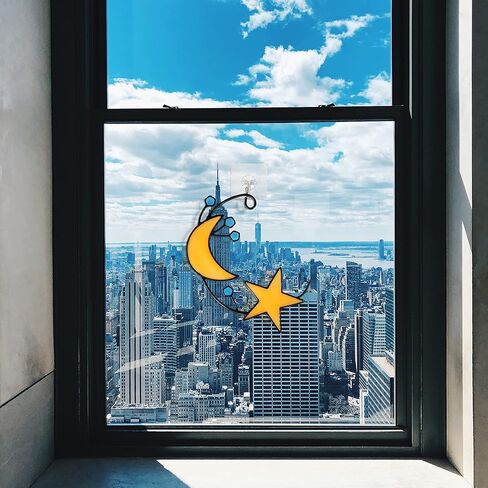 VESMATITY Luminous Moon and Stars Valentine's Decorations, Glow in Dark Hanging Stained Glass Window Hanging Suncatcher, Moon and Stars Glass Window Decoration Gifts for Lovers and Family in Kuwait