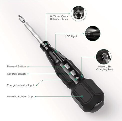 WeideBATT® مفك براغي كهربائي لاسلكي، مفك براغي أداة إصلاح دورانية أوتوماتيكية محمولة قابلة لإعادة الشحن مع 10 بت وحامل بت 1/4 بوصة، كابل شحن USB، ضوء LED in Kuwait