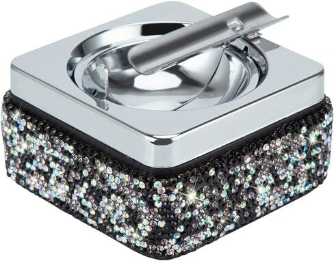 Ashtray,Stainless Steel Ashtray with Lid Bling Crystal Diamonds,Cigarette Ashtray for Indoor or Outdoor Use,Ash Holder for Smokers,Desktop Smoking Ash Tray for Home Office Decoration,Square - Silver in Saudi Arabia