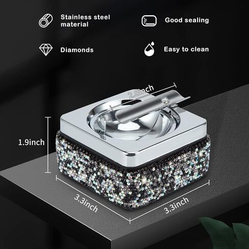 Ashtray,Stainless Steel Ashtray with Lid Bling Crystal Diamonds,Cigarette Ashtray for Indoor or Outdoor Use,Ash Holder for Smokers,Desktop Smoking Ash Tray for Home Office Decoration,Square - Silver in Saudi Arabia