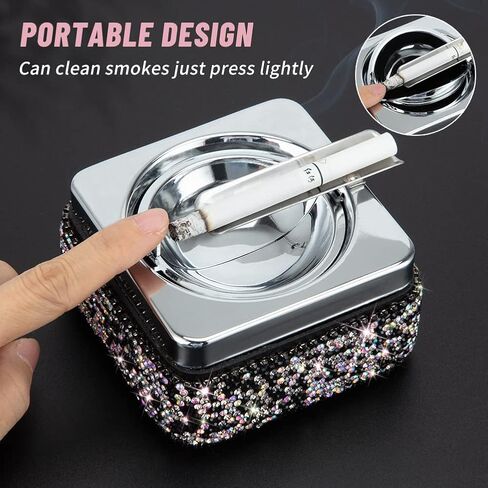 Ashtray,Stainless Steel Ashtray with Lid Bling Crystal Diamonds,Cigarette Ashtray for Indoor or Outdoor Use,Ash Holder for Smokers,Desktop Smoking Ash Tray for Home Office Decoration,Square - Silver in Saudi Arabia