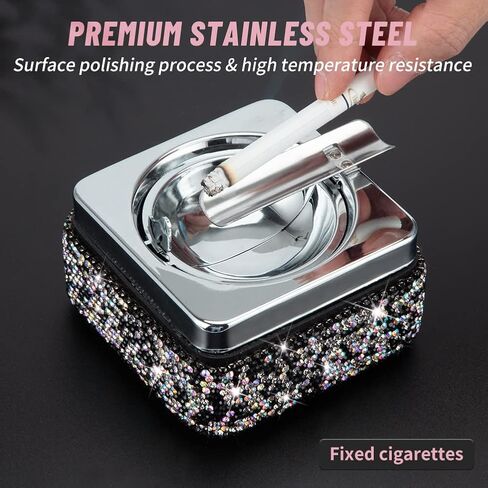 Ashtray,Stainless Steel Ashtray with Lid Bling Crystal Diamonds,Cigarette Ashtray for Indoor or Outdoor Use,Ash Holder for Smokers,Desktop Smoking Ash Tray for Home Office Decoration,Square - Silver in Saudi Arabia