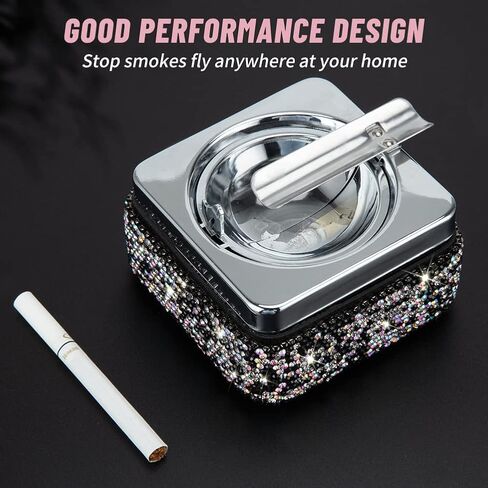 Ashtray,Stainless Steel Ashtray with Lid Bling Crystal Diamonds,Cigarette Ashtray for Indoor or Outdoor Use,Ash Holder for Smokers,Desktop Smoking Ash Tray for Home Office Decoration,Square - Silver in Saudi Arabia