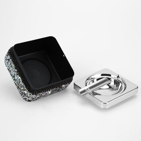 Ashtray,Stainless Steel Ashtray with Lid Bling Crystal Diamonds,Cigarette Ashtray for Indoor or Outdoor Use,Ash Holder for Smokers,Desktop Smoking Ash Tray for Home Office Decoration,Square - Silver in Saudi Arabia