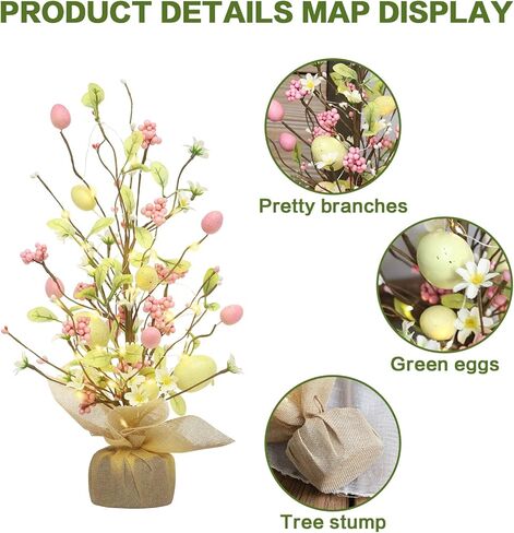 ديكورات عيد الفصح من RoseCraft، ديكور طاولة شجرة بيض عيد الفصح المضاء مسبقًا مقاس 45.72 سم مع زخارف رقيقة، لحفلات المنزل وحفلات الزفاف وعطلات الربيع والصيف - هدايا، أصفر/وردي. in Kuwait