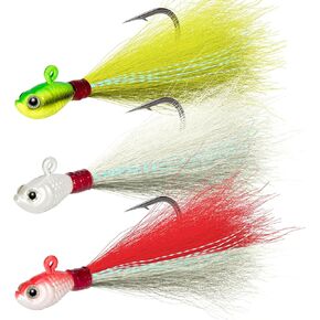 Dr.Fish 3 Pack Bucktail Jig Lure Hair Jig Saltwater Freshwater Lures Surf Fishing White Red Chartreuse Bass Flounder Striper Bluefish Halibut Redfish 1/2oz, 1oz, 2oz, 4oz, 6oz
