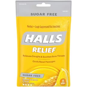 HALLS Relief قطرات السعال بنكهة العسل والليمون الخالية من السكر، كيس واحد (25 قطرة إجمالية) in Kuwait
