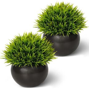 FIAHOSEY Fake Potted Plants Small Artificial Grass with Matte Black Ceramic Pots Faux Plant Greenery for Bathroom Living Room Office Tabletop Desk Shelf Decoration in Kuwait