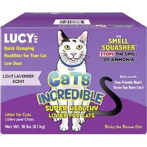 Lucy Pet Cats Incredible 18 lb Box Clumping Cat Litter Recyclable Box with Smell Squasher, Absorbent Natural Clay Formula Prevents Ammonia Smell Build-Up, Light Lavender Scent in Kuwait