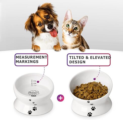 Y YHY Cat Food Bowls, Elevated Tilted for Food and Water, 2 Raised Cat Bowls Set with Tick Marks, for Flat-Faced Cats and Small Dogs - 12/16 OZ Ceramic in Saudi Arabia