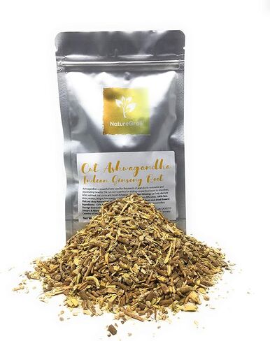 قطع أشواغاندا - جذر الجينسنغ الهندي - الجذر المقطوع مثالي لتعزيز العصائر واللاتيه والشوفان والكاكاو الساخن/الأيورفيدا - الوزن الصافي: 2.11 أونصة / 60 جم in Kuwait