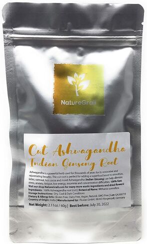 قطع أشواغاندا - جذر الجينسنغ الهندي - الجذر المقطوع مثالي لتعزيز العصائر واللاتيه والشوفان والكاكاو الساخن/الأيورفيدا - الوزن الصافي: 2.11 أونصة / 60 جم in Kuwait