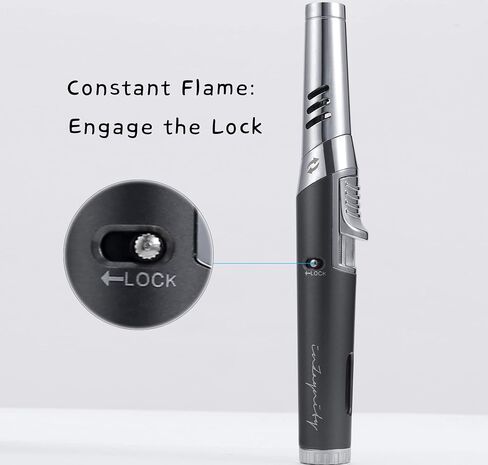Pen Torch Lighter - Refillable Single Flame Butane Torch Lighter for Candle, & Cooking w/Adjustable Flame & Ignition Lock - Luxurious Handheld Camping Lighter & Gift Box by inZaynity - Black & Steel in Saudi Arabia
