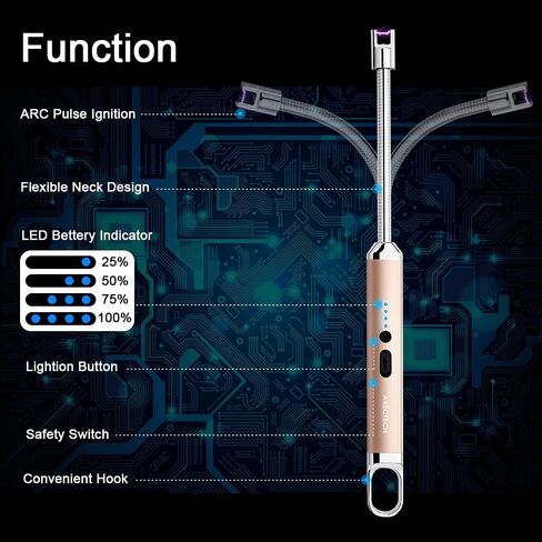ARECTECH Electric Arc Candle Lighter Flameless Rechargeable USB Long Lighter with 360 Rotatable Bendable Neck for Candle Cooking BBQs Fireworks Gold in Kuwait