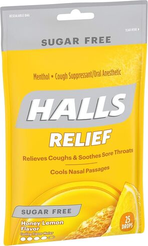 HALLS Relief قطرات السعال بنكهة العسل والليمون الخالية من السكر، كيس واحد (25 قطرة إجمالية) in Saudi Arabia