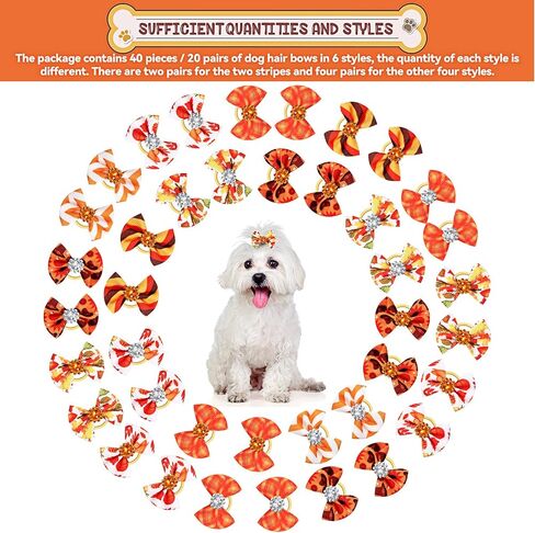 40 Pieces Small Dog Hair Bows with Rubber Bands Autumn Fall Dog Topknot Bow Pet Rhinestone Hair Topknot Bows Pet Handmade Hair Bowknot Grooming Accessories for Thanksgiving Pet Supplies, 20 Pairs in Saudi Arabia
