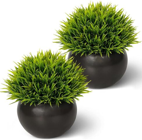 FIAHOSEY Fake Potted Plants Small Artificial Grass with Matte Black Ceramic Pots Faux Plant Greenery for Bathroom Living Room Office Tabletop Desk Shelf Decoration in Kuwait