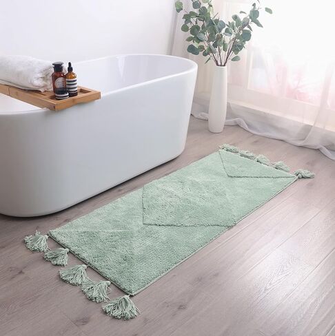 Bohemian Runner Moon Phases Bath Mat with Tassels Half Moon Rugs College Dorm Room Decor for Bathroom Hippie Witchy Area Rug Beige Neutral Creamy Black long 20x60 in Saudi Arabia