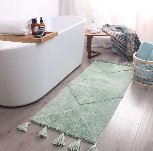 Bohemian Runner Moon Phases Bath Mat with Tassels Half Moon Rugs College Dorm Room Decor for Bathroom Hippie Witchy Area Rug Beige Neutral Creamy Black long 20x60 in Saudi Arabia