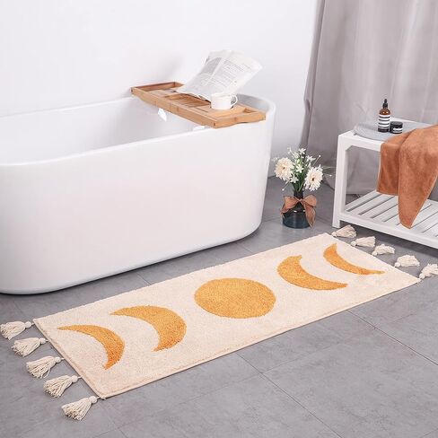Bohemian Runner Moon Phases Bath Mat with Tassels Half Moon Rugs College Dorm Room Decor for Bathroom Hippie Witchy Area Rug Beige Neutral Creamy Black long 20x60 in Kuwait
