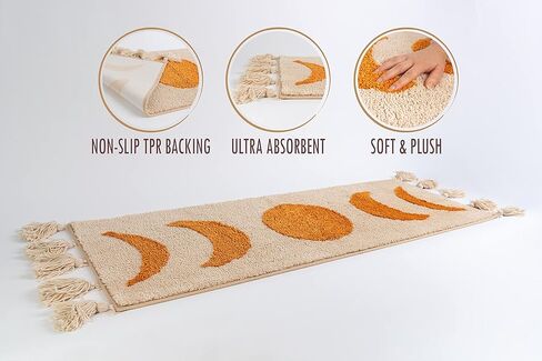 Bohemian Runner Moon Phases Bath Mat with Tassels Half Moon Rugs College Dorm Room Decor for Bathroom Hippie Witchy Area Rug Beige Neutral Creamy Black long 20x60 in Kuwait