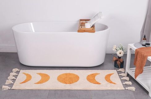 Bohemian Runner Moon Phases Bath Mat with Tassels Half Moon Rugs College Dorm Room Decor for Bathroom Hippie Witchy Area Rug Beige Neutral Creamy Black long 20x60 in Kuwait