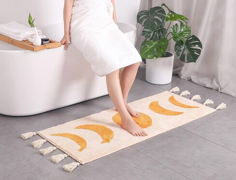 Bohemian Runner Moon Phases Bath Mat with Tassels Half Moon Rugs College Dorm Room Decor for Bathroom Hippie Witchy Area Rug Beige Neutral Creamy Black long 20x60 in Kuwait