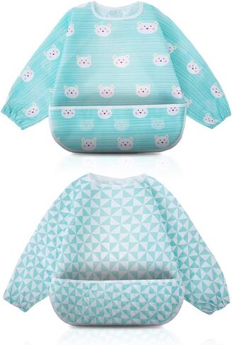 ليتل ديمسم مريلة طعام مقاومة للماء باكمام طويلة للرضع والاطفال الصغار مع جيب للجراء والكلاب بلون اخضر, 7-36 Month in Kuwait