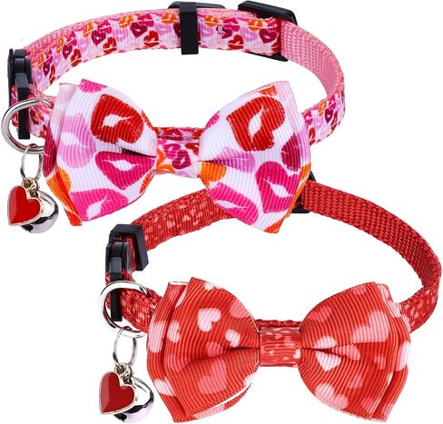 2pcs Valentine's Day Cat Collar, Red and Pink Cat Collar Breakaway Buckle with Bells Bow Tie, Love Heart Safety Adjustable Cat Collar for Kitten Puppy in Saudi Arabia