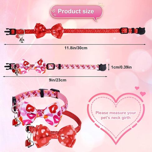2pcs Valentine's Day Cat Collar, Red and Pink Cat Collar Breakaway Buckle with Bells Bow Tie, Love Heart Safety Adjustable Cat Collar for Kitten Puppy in Saudi Arabia