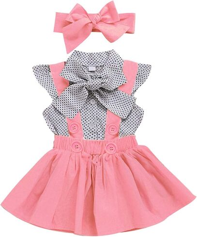 ASTANFY Toddler Baby Girl Dress Sets Polka Dot Ruffle Sleeve Bow Tee Shirt + Yellow Suspender Skirt + Headband Outfits Set in Saudi Arabia