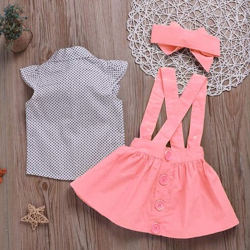 ASTANFY Toddler Baby Girl Dress Sets Polka Dot Ruffle Sleeve Bow Tee Shirt + Yellow Suspender Skirt + Headband Outfits Set in Saudi Arabia
