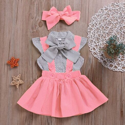 ASTANFY Toddler Baby Girl Dress Sets Polka Dot Ruffle Sleeve Bow Tee Shirt + Yellow Suspender Skirt + Headband Outfits Set in Saudi Arabia