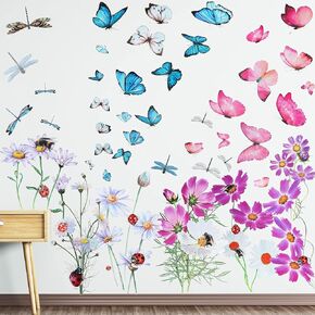 64 Pcs Flowers Butterflies Wall Decals Chrysanthemums Dragonflies Wall Sticker Botanical Peel and Stick Art Removable PVC Garden Decal for Kids Nursery Classroom Bedroom Decor(Colorful)