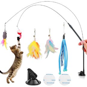 بيتيزر العاب قطط للقطط في الاماكن المغلقة، 9 قطع من العاب القطط التفاعلية - 2 عصا تشويق للقطط، 2 كوب شفط فائق الالتصاق و5 قطع بديلة من الريش الطبيعي مع جرس in Kuwait